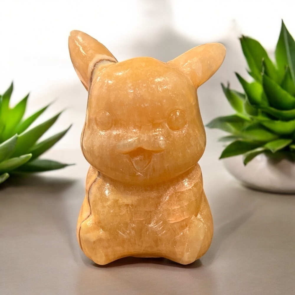 Pikachu Orange Calcite Crystal 4.5in Natural Stone Hand Carved Figurine